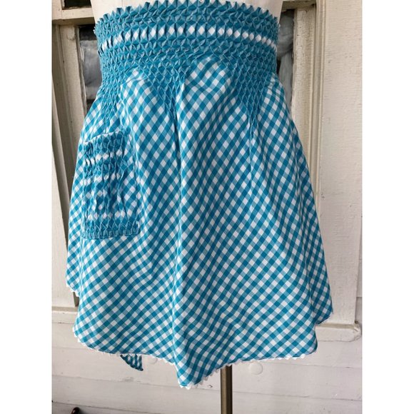 Vintage Turquoise Blue Gingham Check Smocked Half Apron Farmhouse - Picture 4 of 8